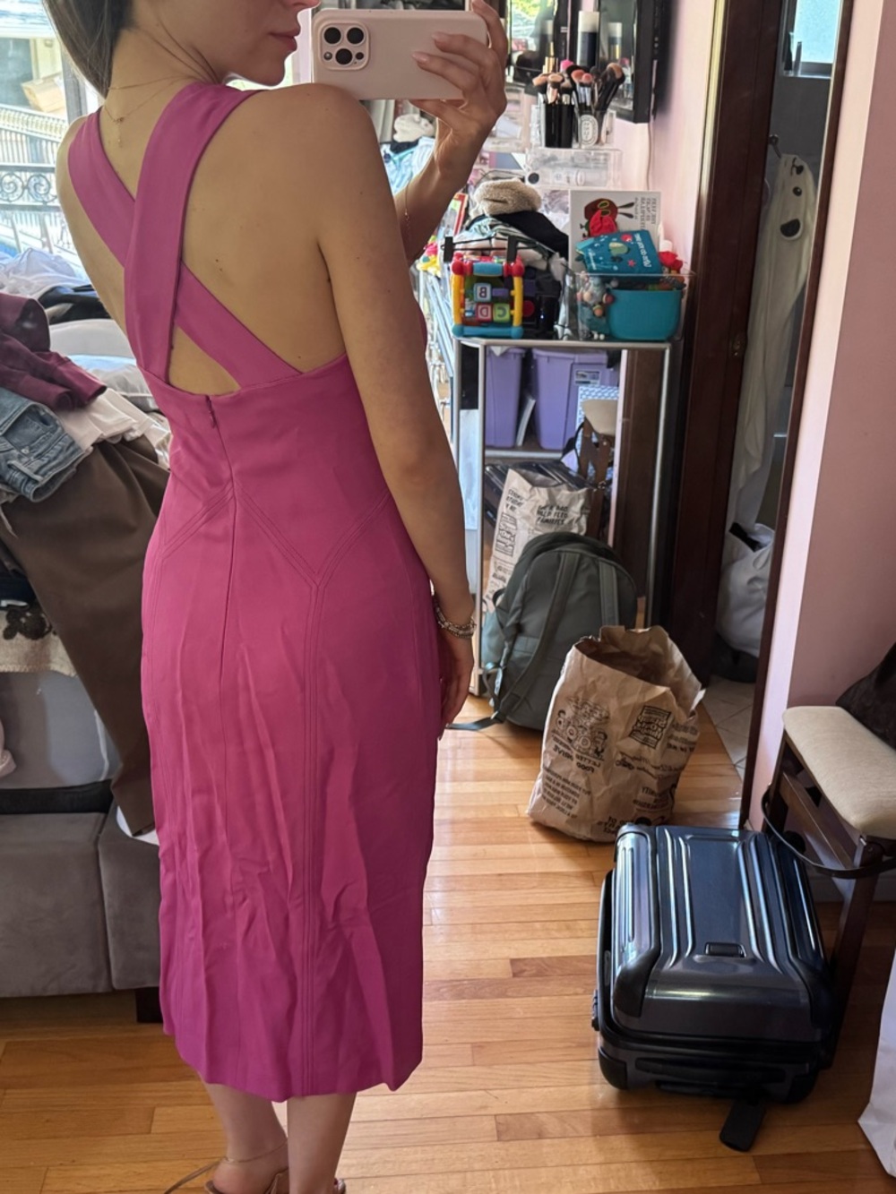 Alberta Ferretti Cross-Back Midi Dress in Fuschia